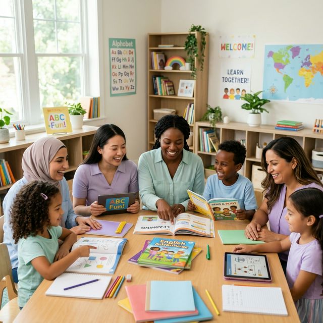 Women and kids learning English with The English PK